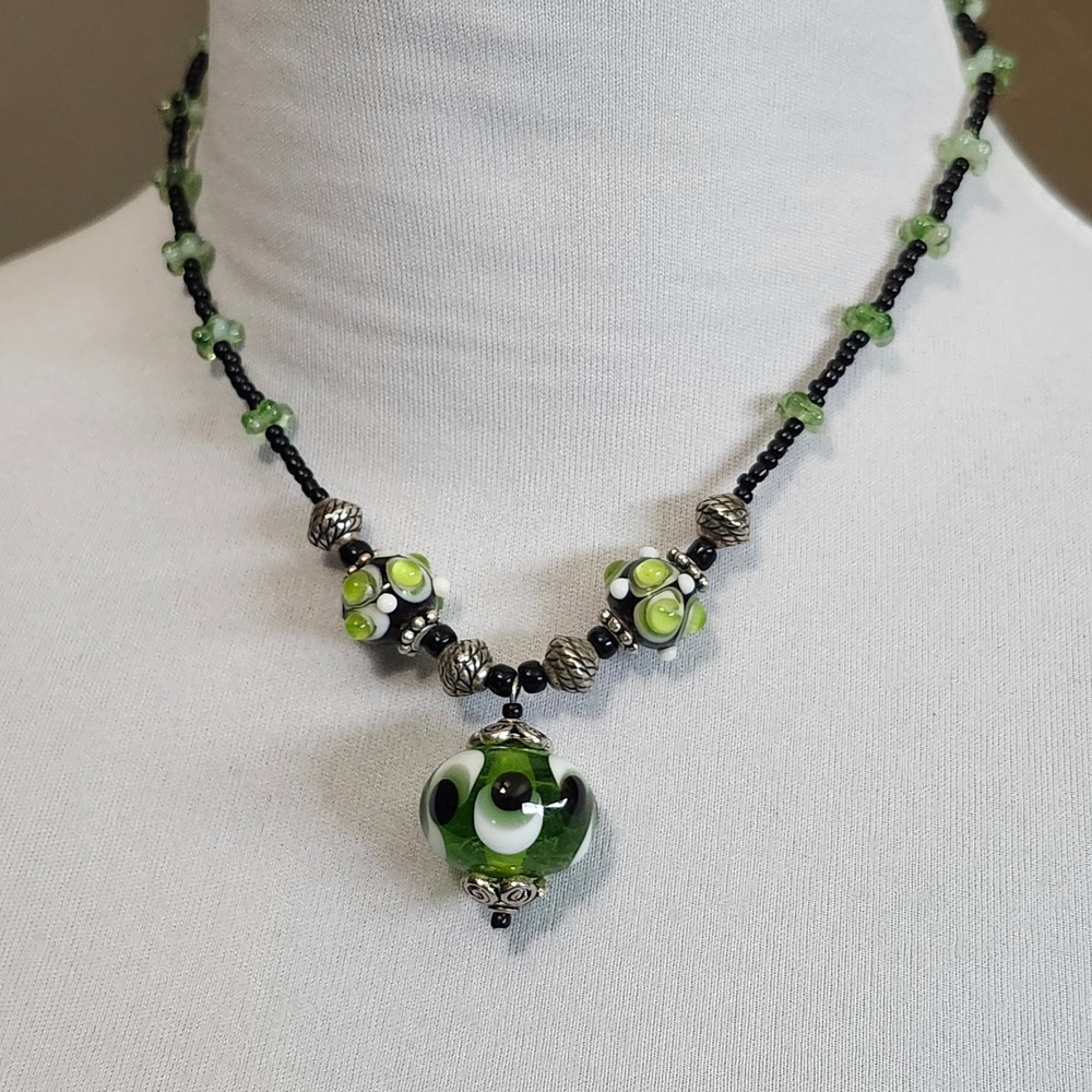 Handmade Green Lampwork Glass Bead Necklace Artisan Jewelry